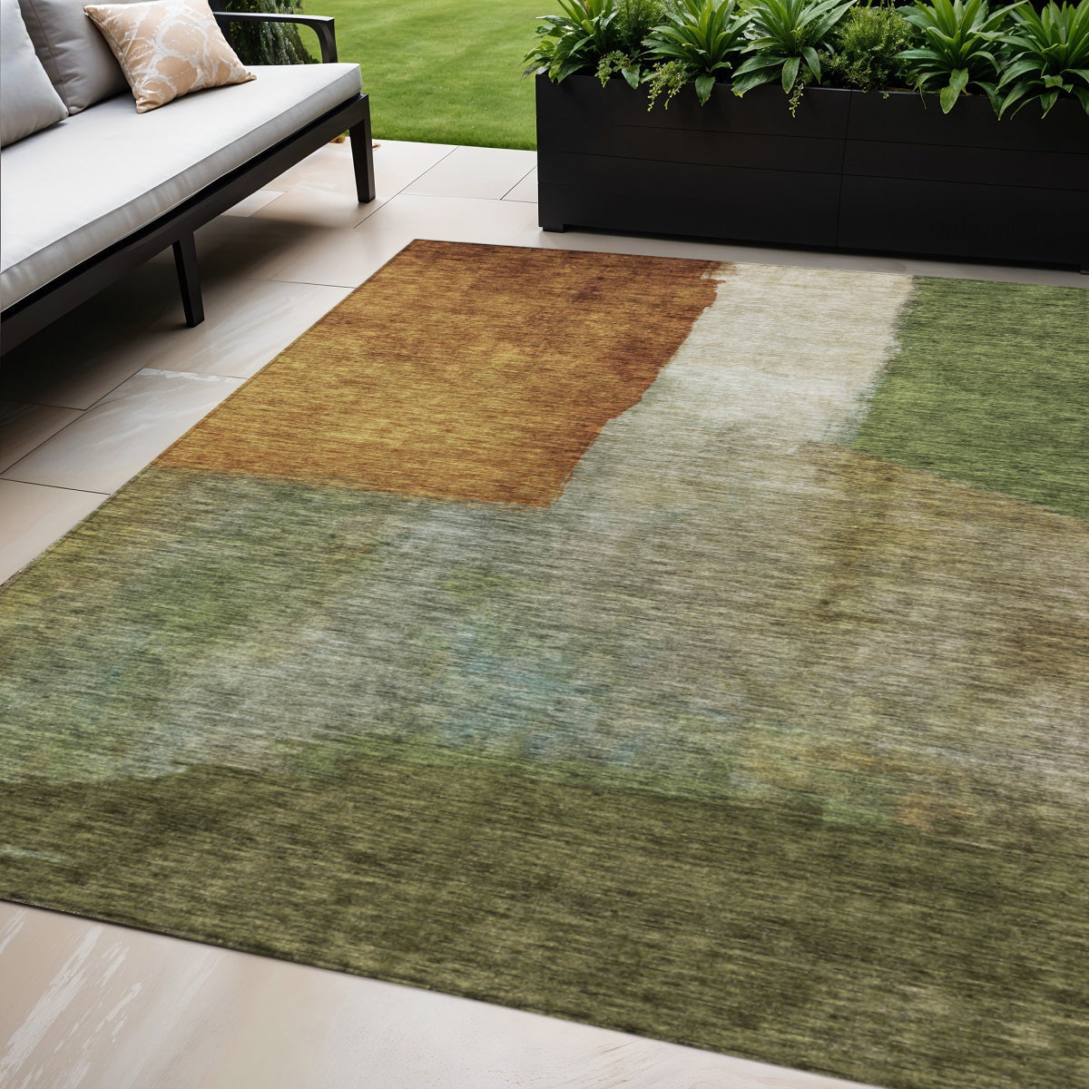 5 X 8 Green Copper And Beige Abstract Washable Indoor Outdoor Area Rug