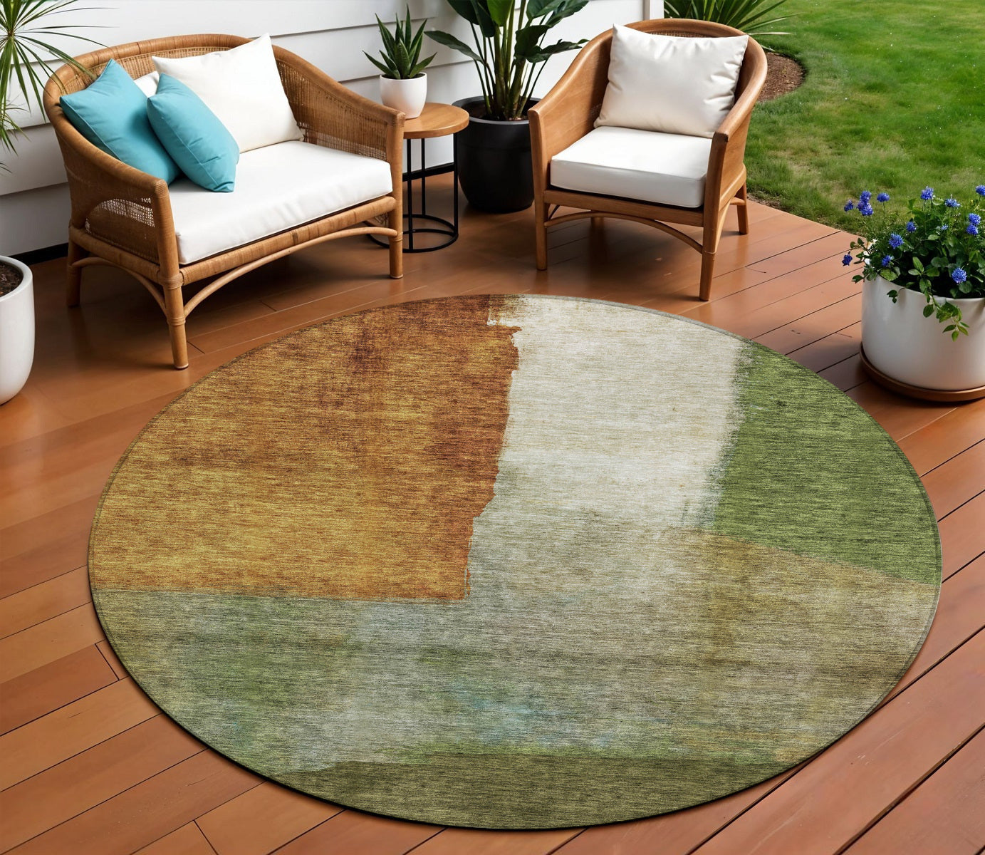 8 Green Copper And Beige Round Abstract Washable Indoor Outdoor Area Rug