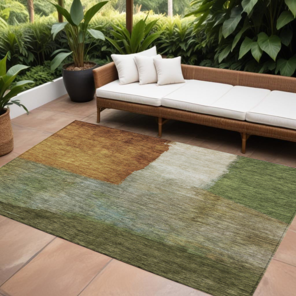 9 X 12 Green Copper And Beige Abstract Washable Indoor Outdoor Area Rug
