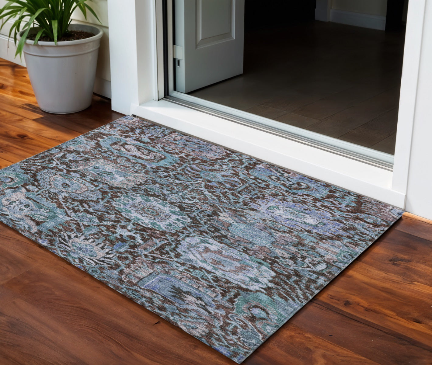 3 X 5 Chocolate And Aqua Damask Washable Indoor Outdoor Area Rug