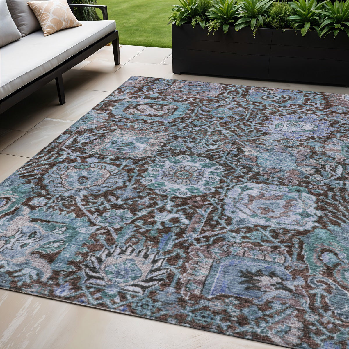 5 X 8 Chocolate And Aqua Damask Washable Indoor Outdoor Area Rug