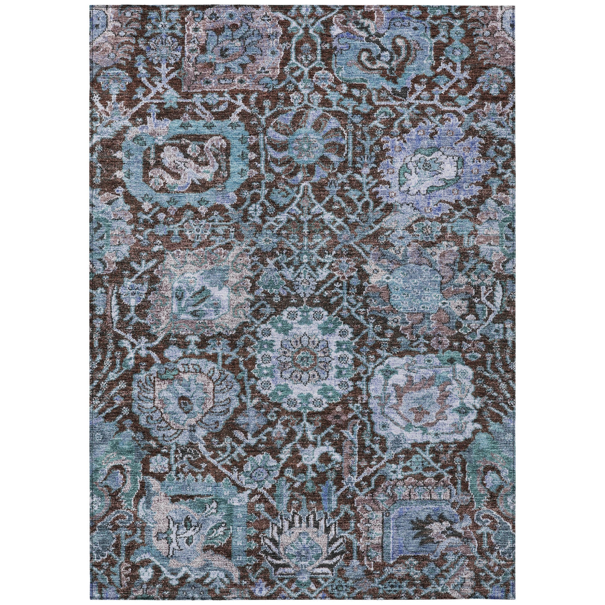 8 X 10 Chocolate And Aqua Damask Washable Indoor Outdoor Area Rug