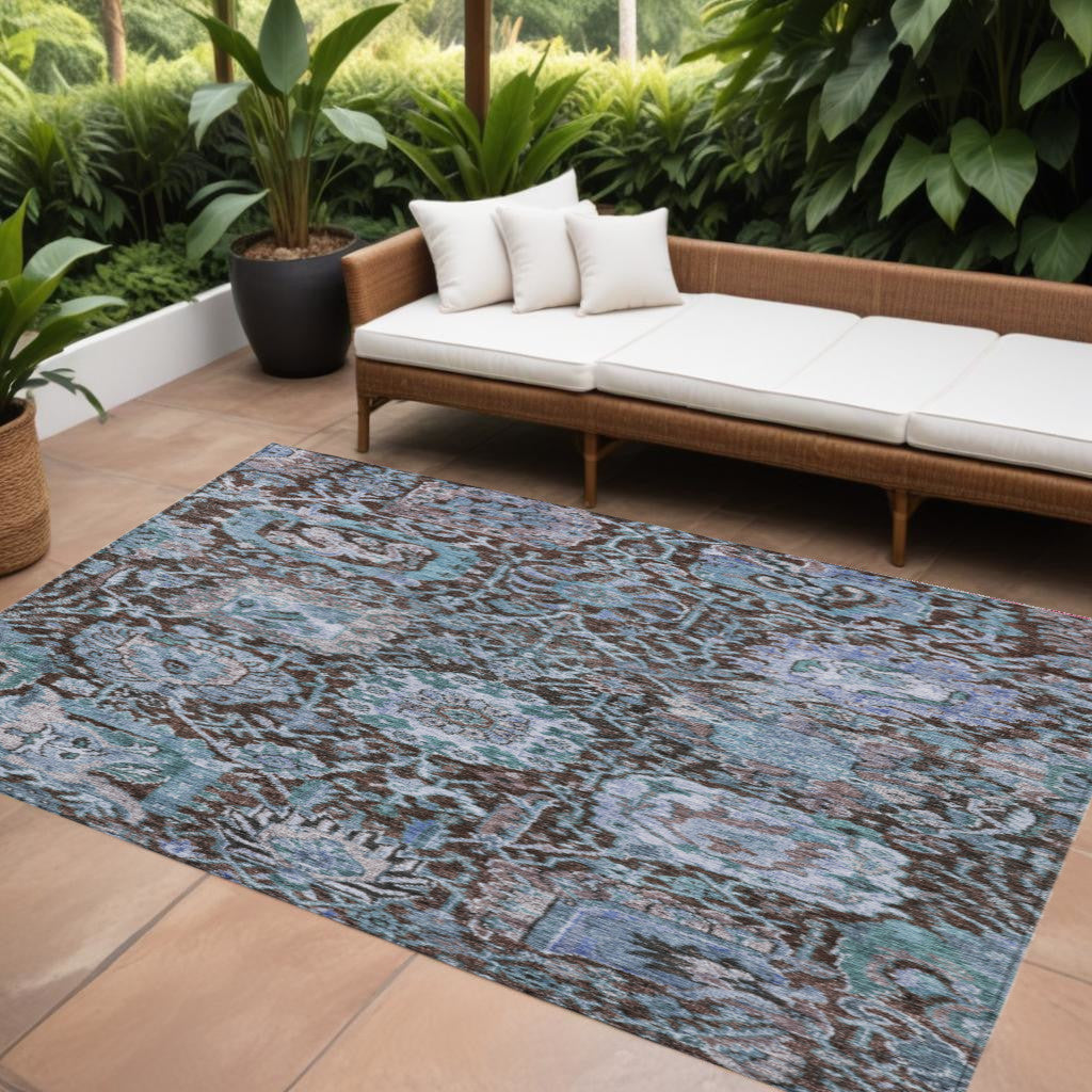 10 X 14 Chocolate And Aqua Damask Washable Indoor Outdoor Area Rug