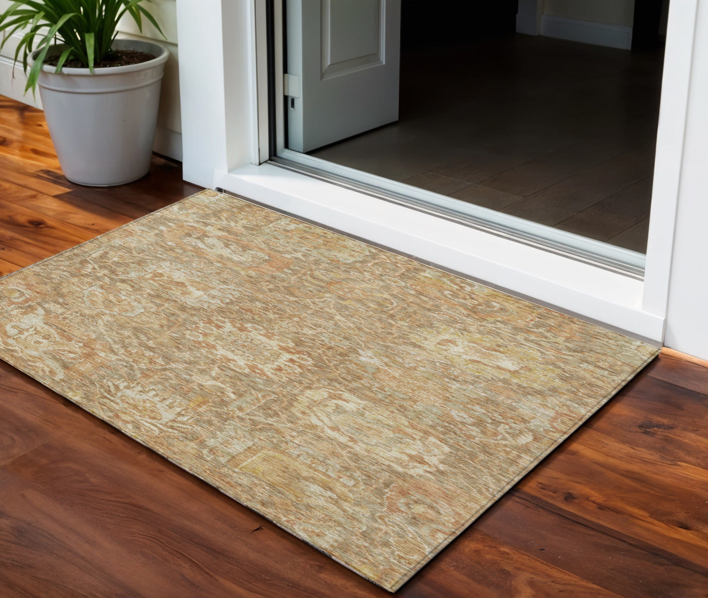 3 X 5 Khaki And Brown Damask Washable Indoor Outdoor Area Rug