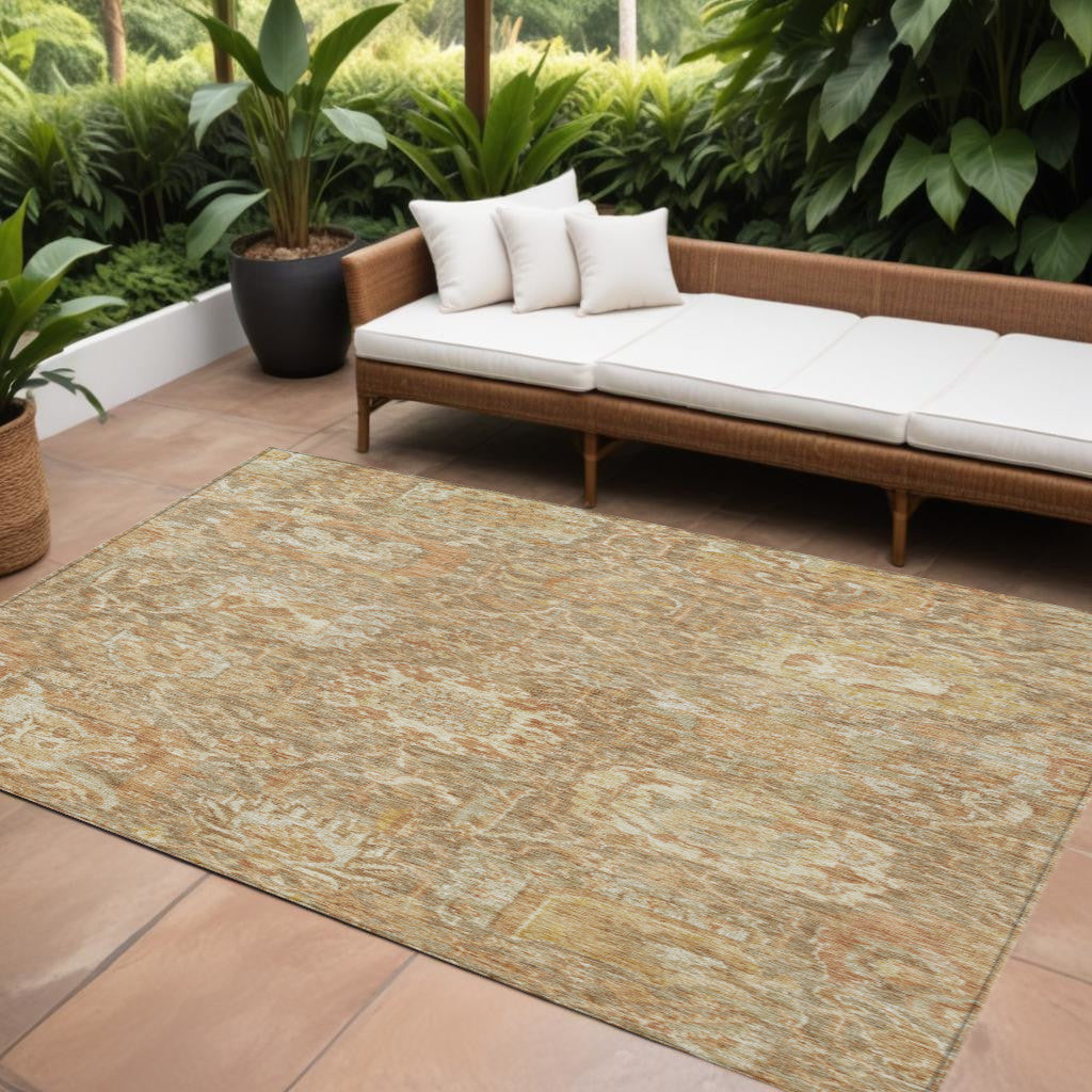 10 X 14 Khaki And Brown Damask Washable Indoor Outdoor Area Rug