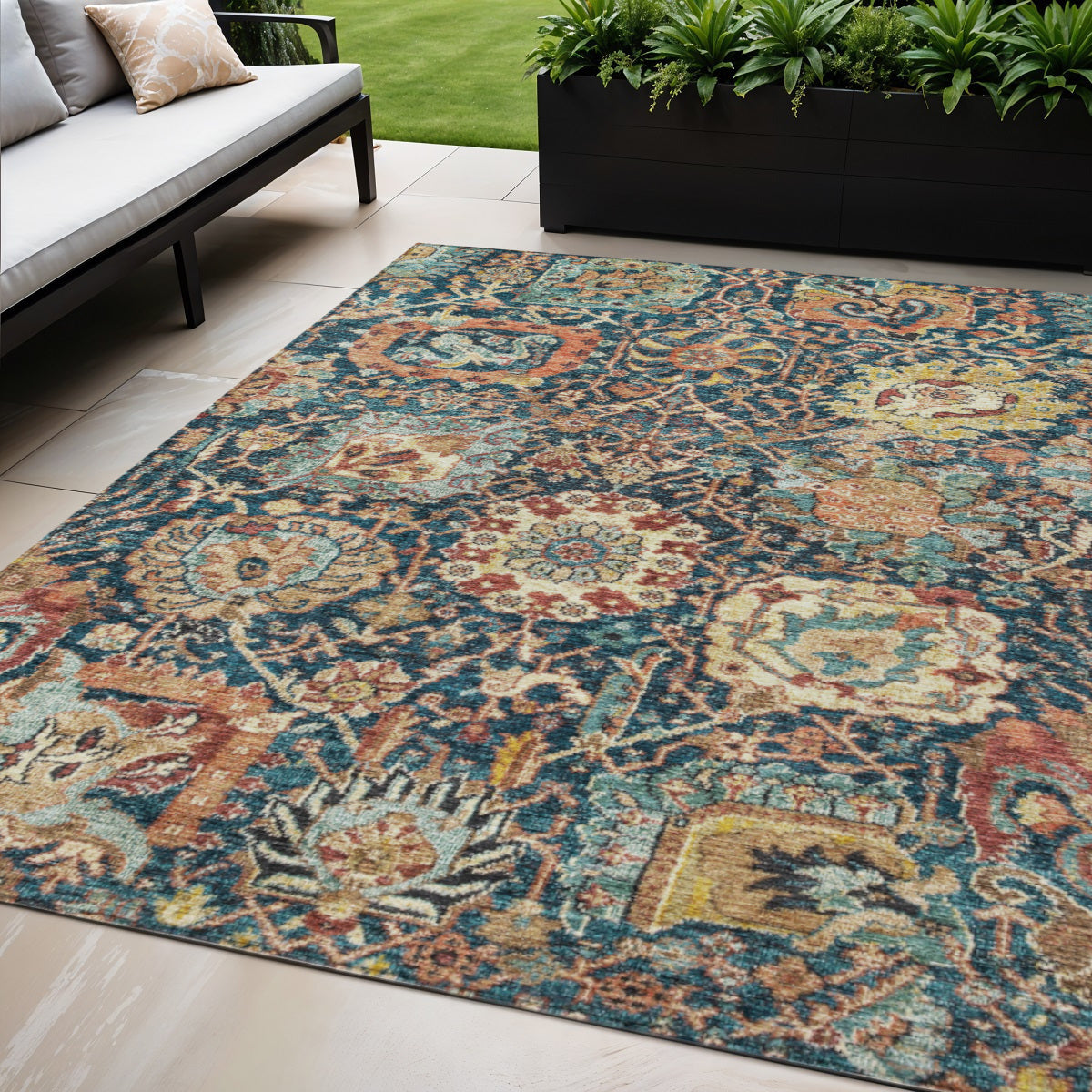 5 X 8 Navy Blue Terra Cotta And Beige Damask Washable Indoor Outdoor Area Rug