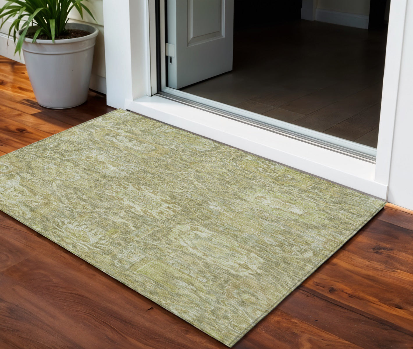 3 X 5 Sage And Green Damask Washable Indoor Outdoor Area Rug