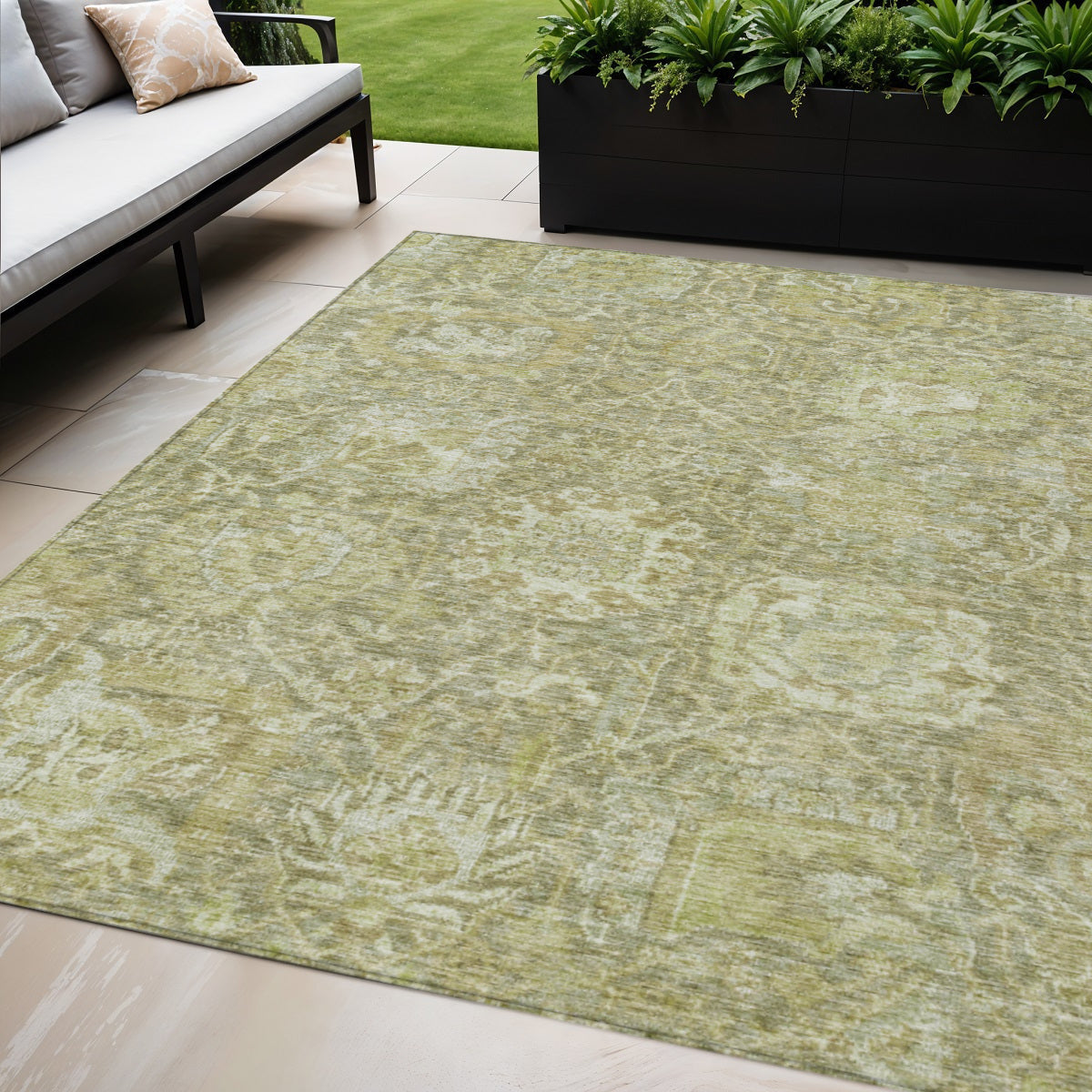 5 X 8 Sage And Green Damask Washable Indoor Outdoor Area Rug