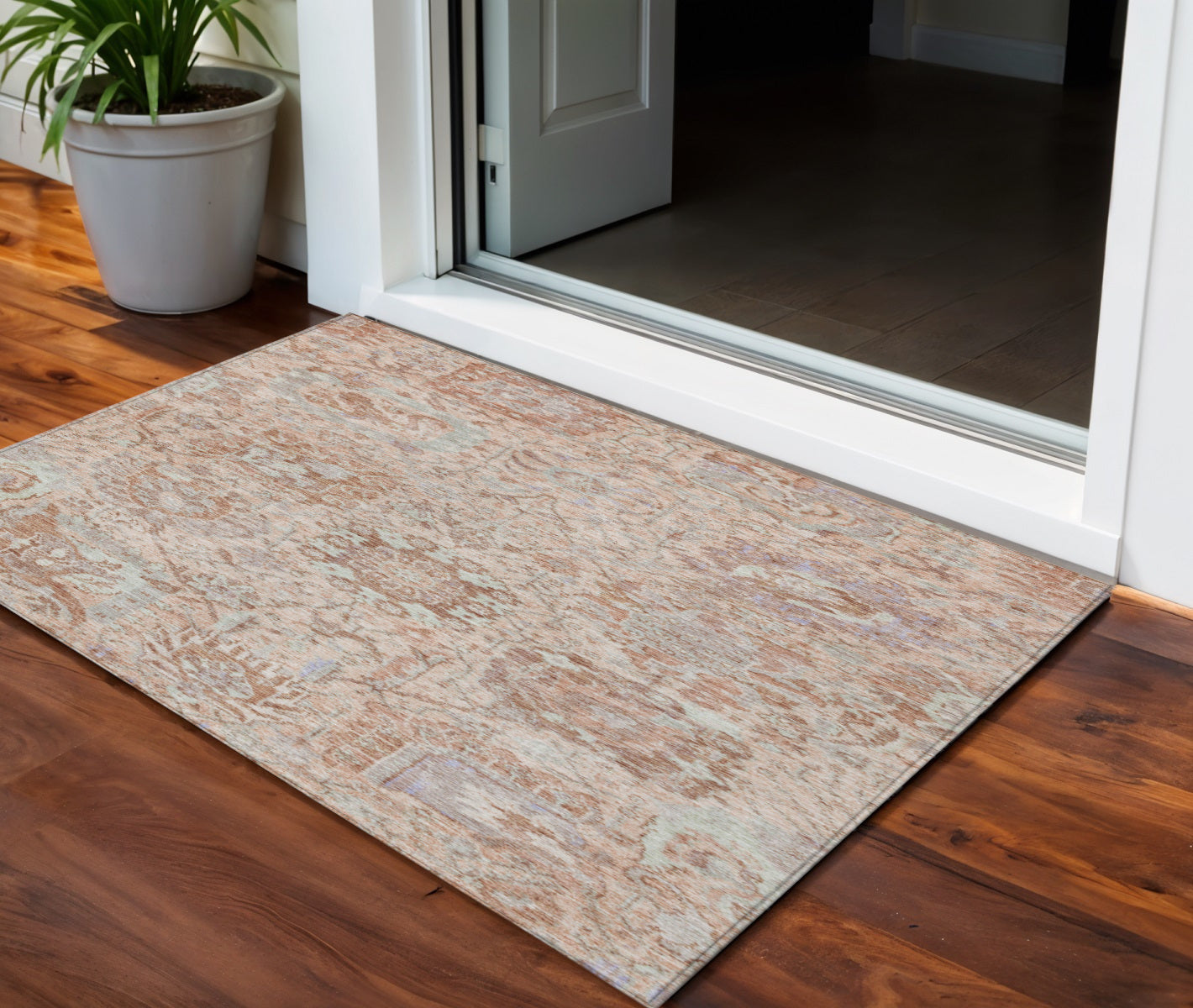 3 X 5 Coral And Gray Damask Washable Indoor Outdoor Area Rug
