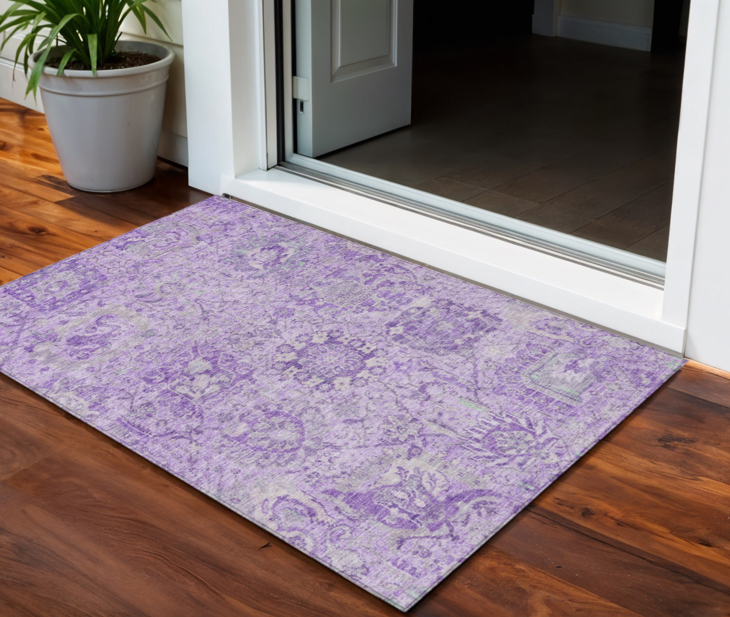 3 X 5 Lavender And Gray Damask Washable Indoor Outdoor Area Rug