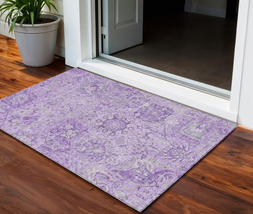 3 X 5 Lavender And Gray Damask Washable Indoor Outdoor Area Rug