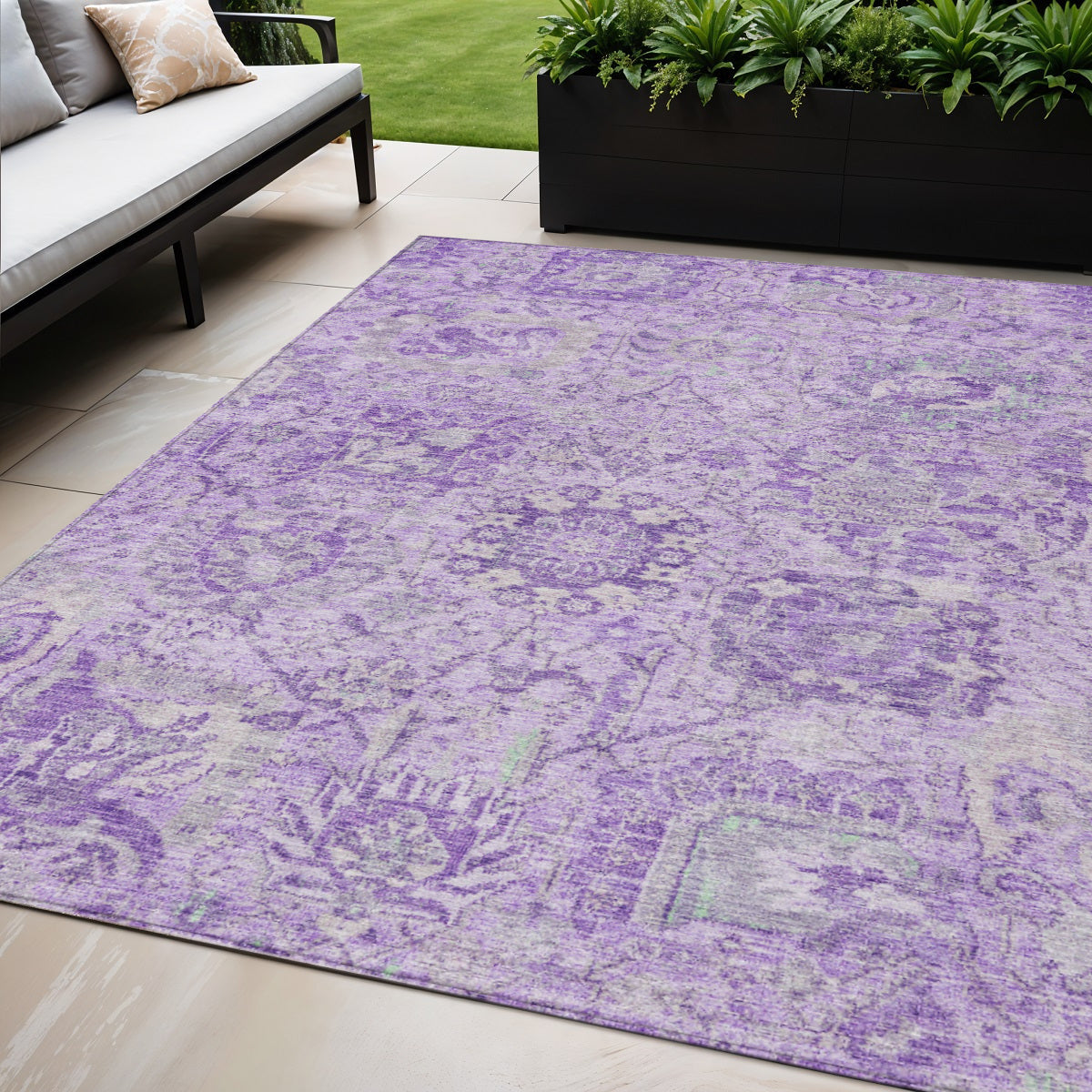 5 X 8 Lavender And Gray Damask Washable Indoor Outdoor Area Rug