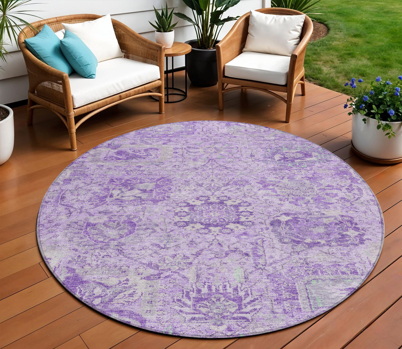 8 Lavender And Gray Round Damask Washable Indoor Outdoor Area Rug