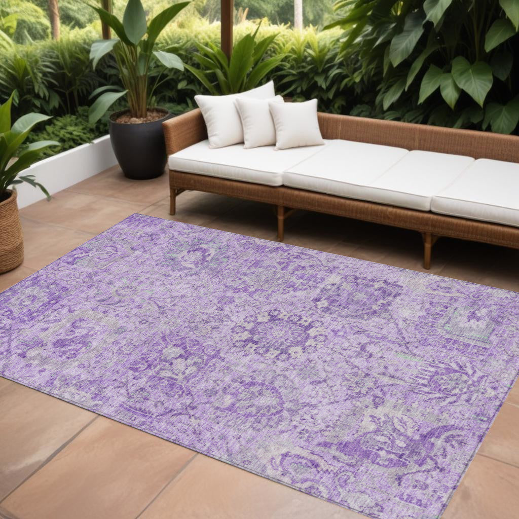 9 X 12 Lavender And Gray Damask Washable Indoor Outdoor Area Rug