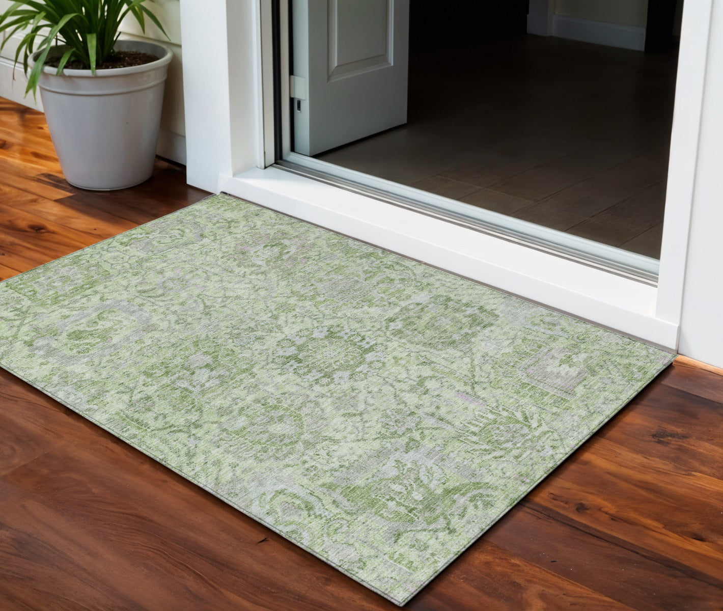 3 X 5 Mint Green And Gray Damask Washable Indoor Outdoor Area Rug