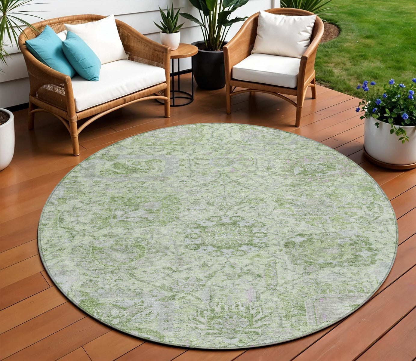 8 Mint Green And Gray Round Damask Washable Indoor Outdoor Area Rug