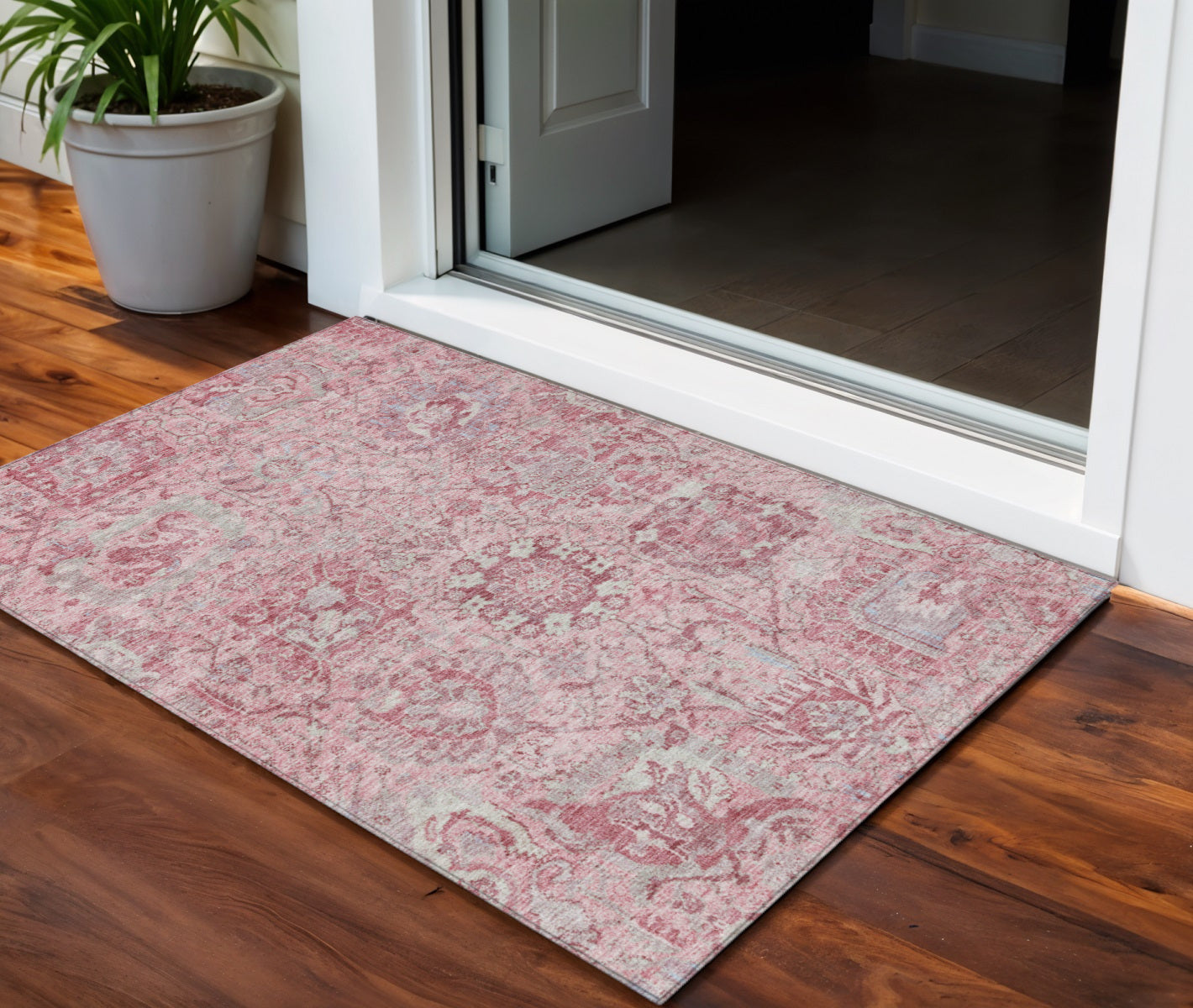 3 X 5 Pink And Gray Damask Washable Indoor Outdoor Area Rug