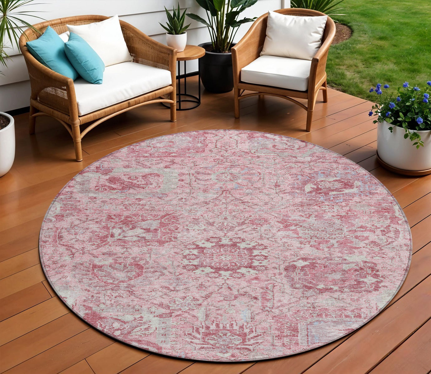 8 Pink And Gray Round Damask Washable Indoor Outdoor Area Rug