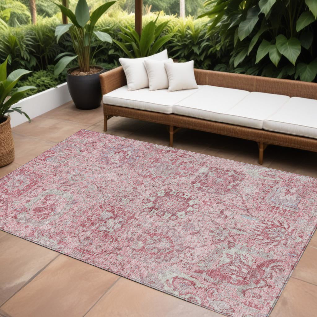 8 X 10 Pink And Gray Damask Washable Indoor Outdoor Area Rug