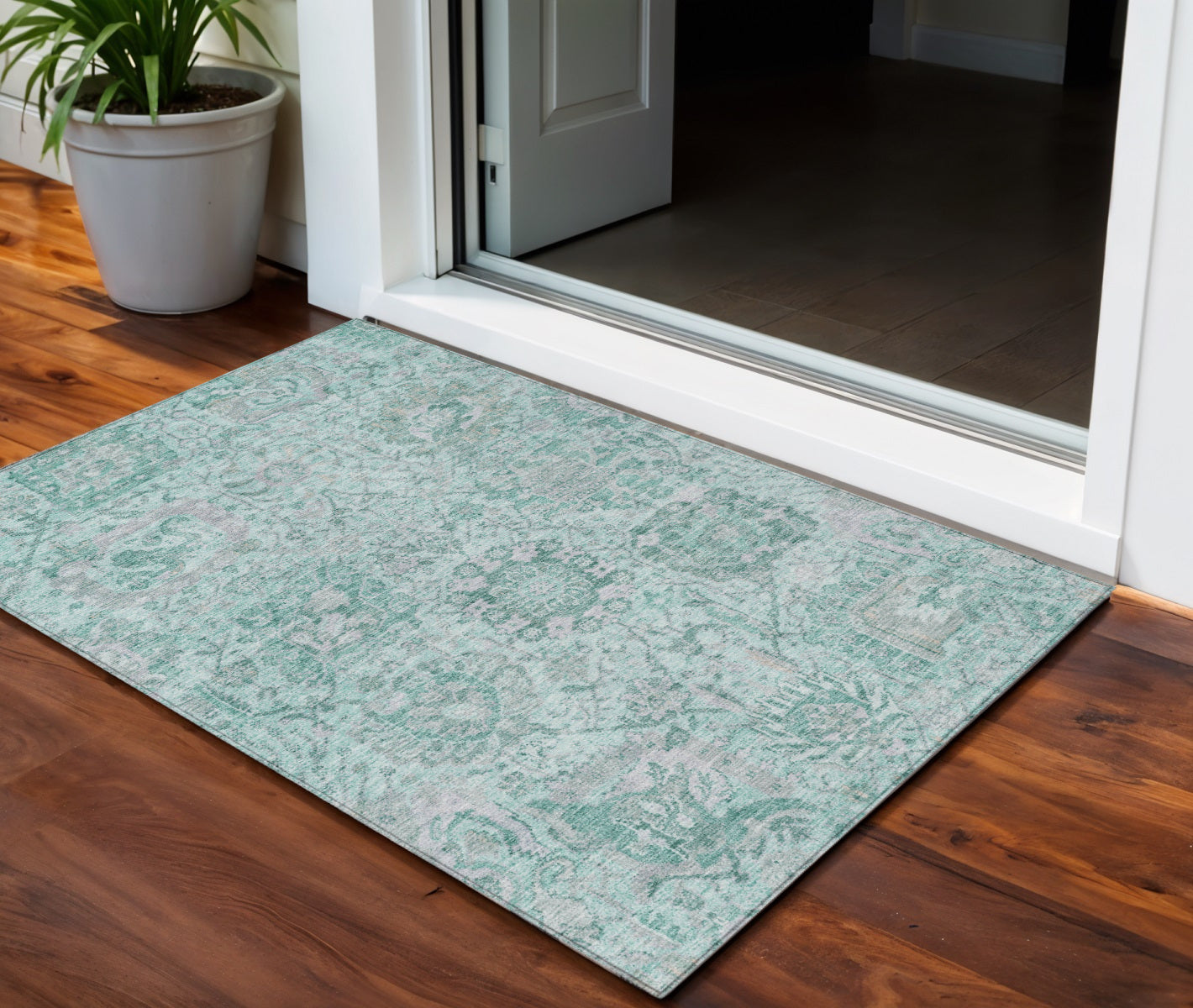 3 X 5 Teal Blue And Gray Damask Washable Indoor Outdoor Area Rug