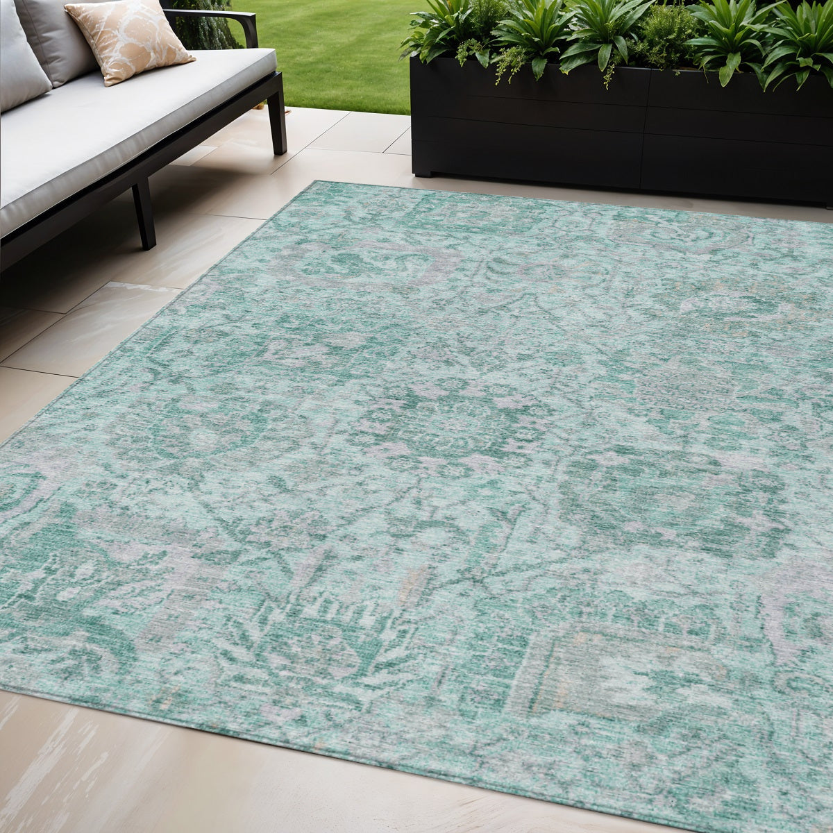 5 X 8 Teal Blue And Gray Damask Washable Indoor Outdoor Area Rug
