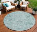 8 Teal Blue And Gray Round Damask Washable Indoor Outdoor Area Rug