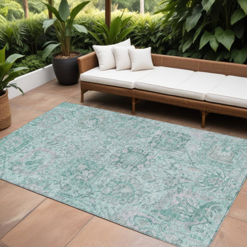 10 X 14 Teal Blue And Gray Damask Washable Indoor Outdoor Area Rug