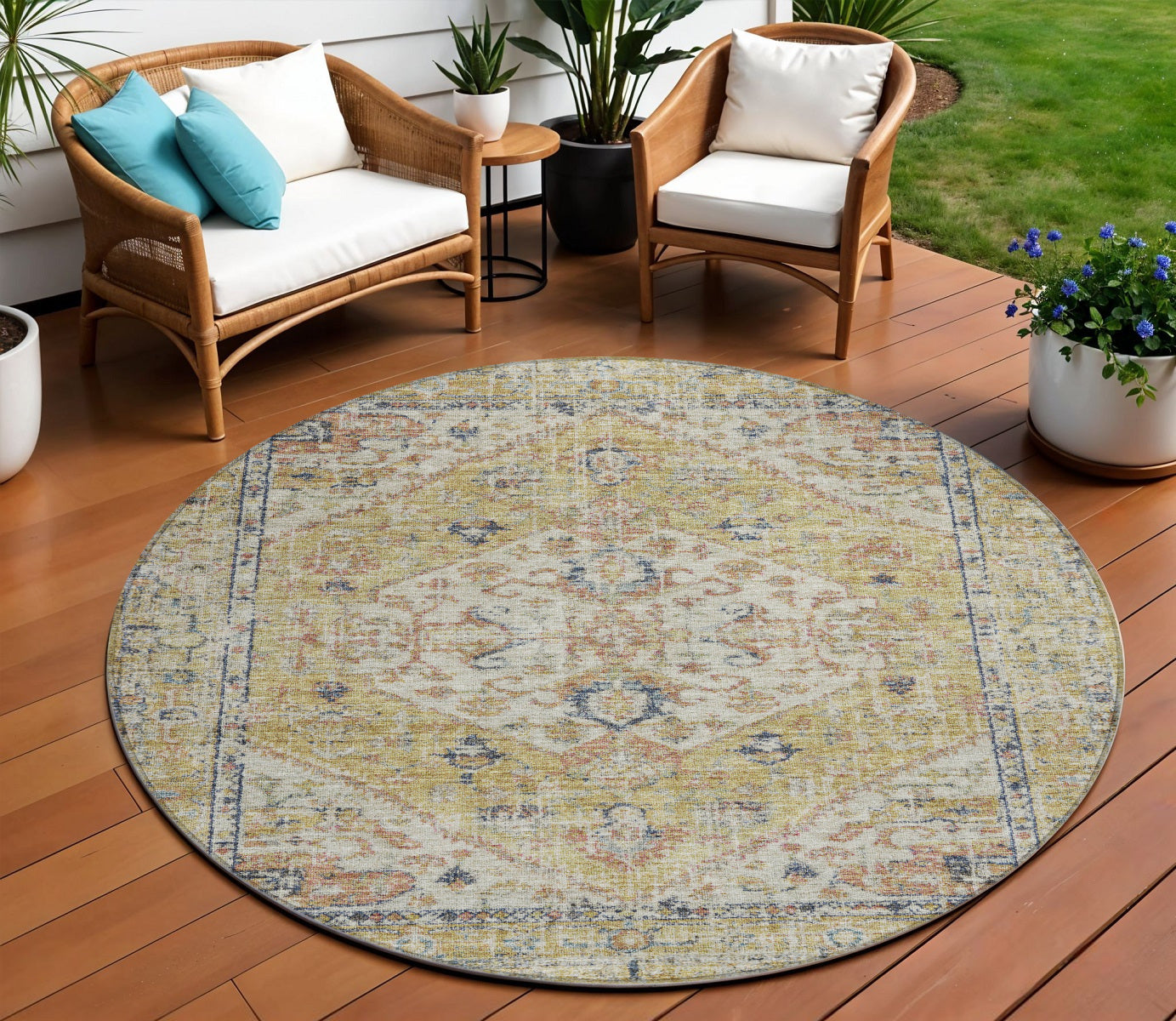 8 Wheat Terra Cotta And Black Round Oriental Washable Indoor Outdoor Area Rug
