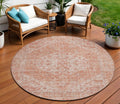 8 Coral And Pink Round Oriental Washable Indoor Outdoor Area Rug