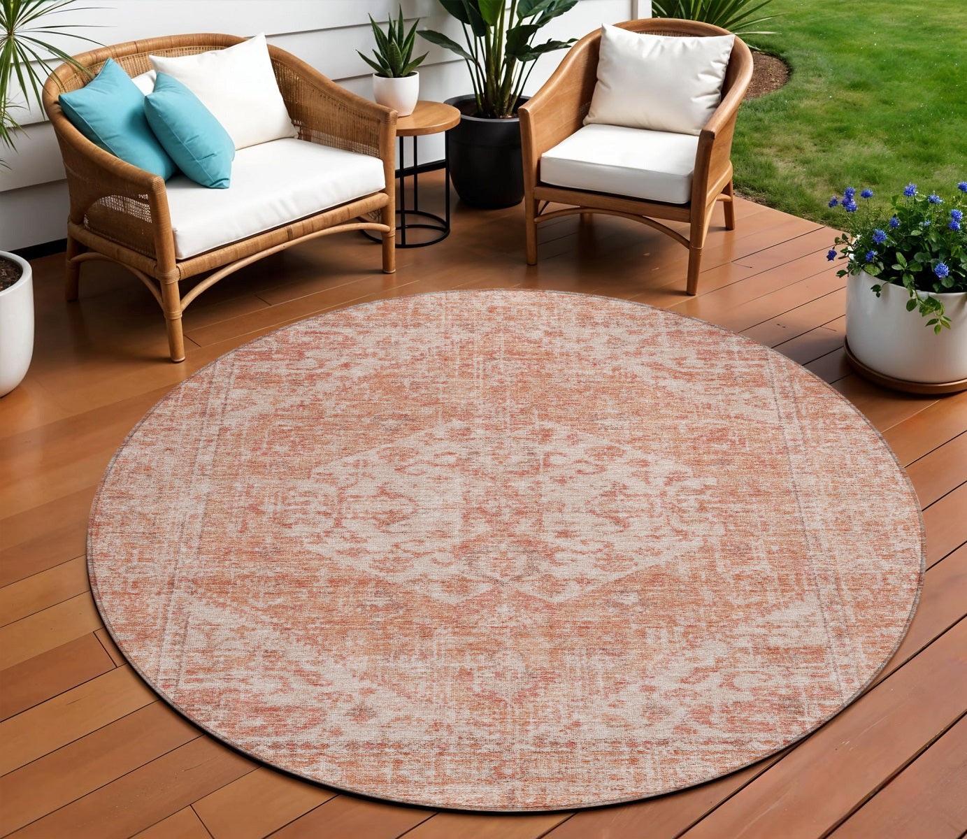 8 Coral And Pink Round Oriental Washable Indoor Outdoor Area Rug