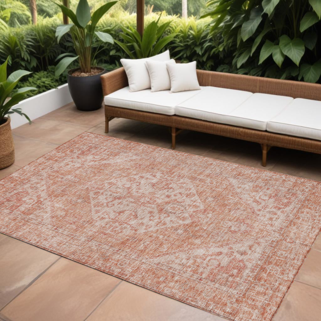 9 X 12 Coral And Pink Oriental Washable Indoor Outdoor Area Rug