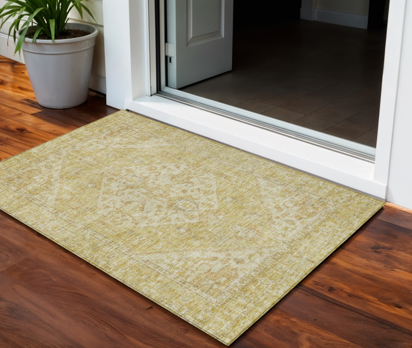 3 X 5 Gold Tan And Beige Oriental Washable Indoor Outdoor Area Rug