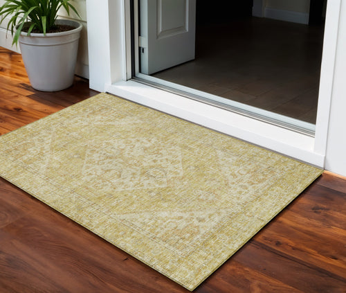 3 X 5 Gold Tan And Beige Oriental Washable Indoor Outdoor Area Rug