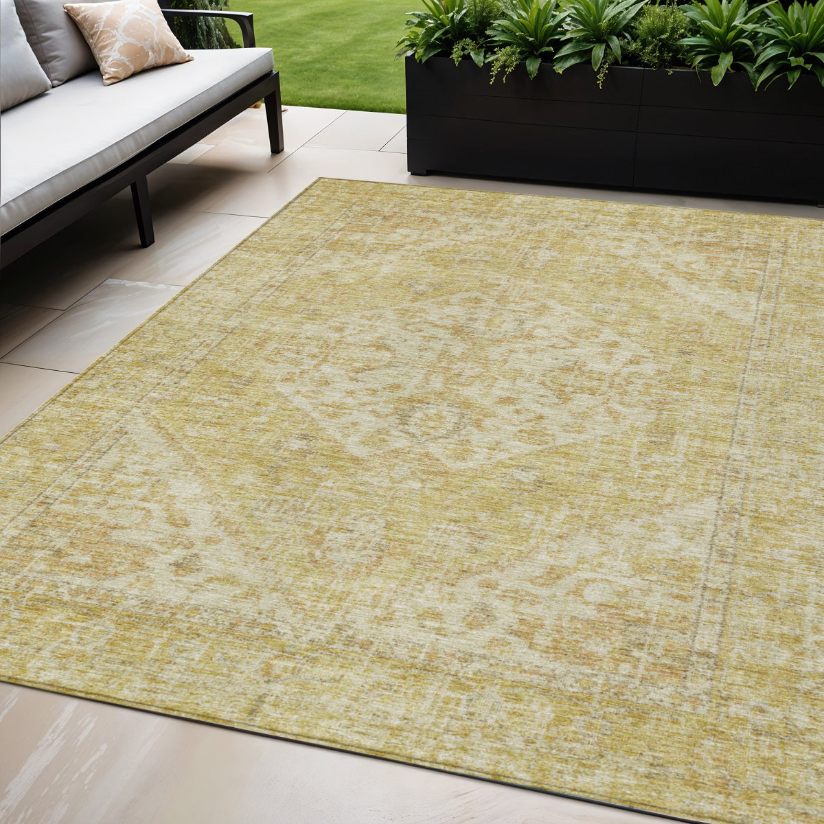 5 X 8 Gold Tan And Beige Oriental Washable Indoor Outdoor Area Rug