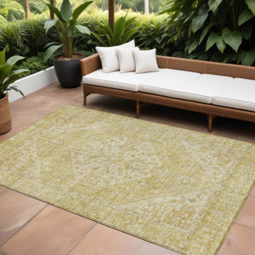 9 X 12 Gold Tan And Beige Oriental Washable Indoor Outdoor Area Rug