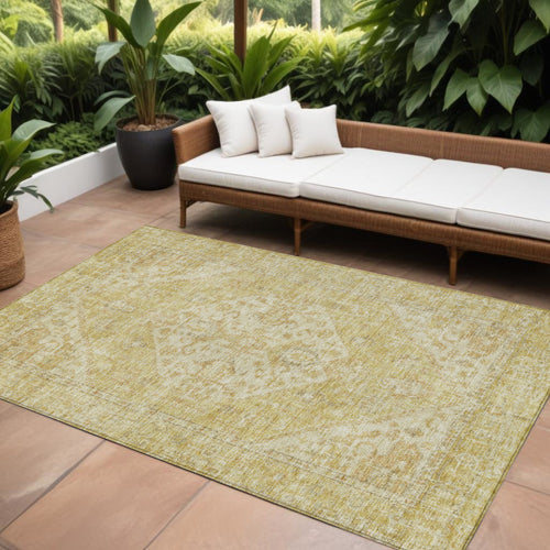 10 X 14 Gold Tan And Beige Oriental Washable Indoor Outdoor Area Rug