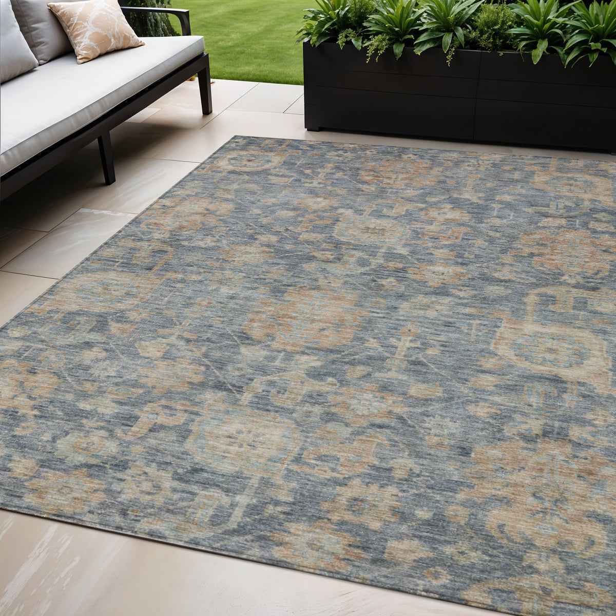 5 X 8 Denim Blue Brown And Beige Damask Washable Indoor Outdoor Area Rug