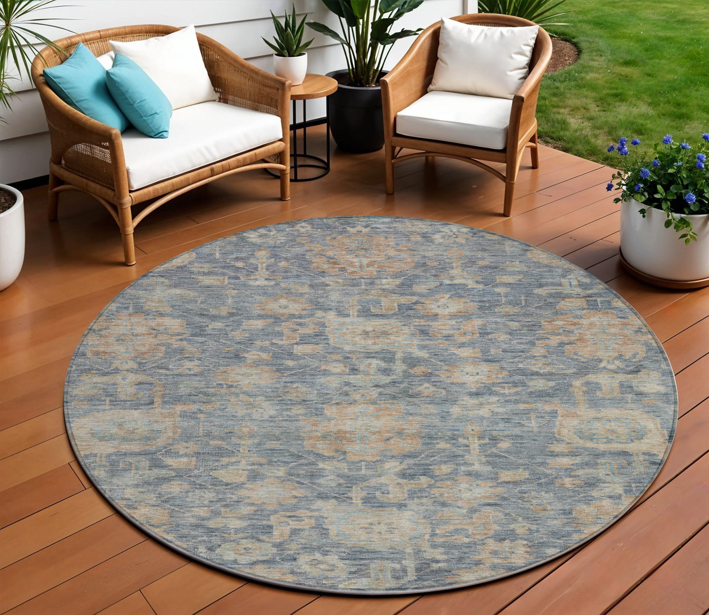 8 Denim Blue Brown And Beige Round Damask Washable Indoor Outdoor Area Rug