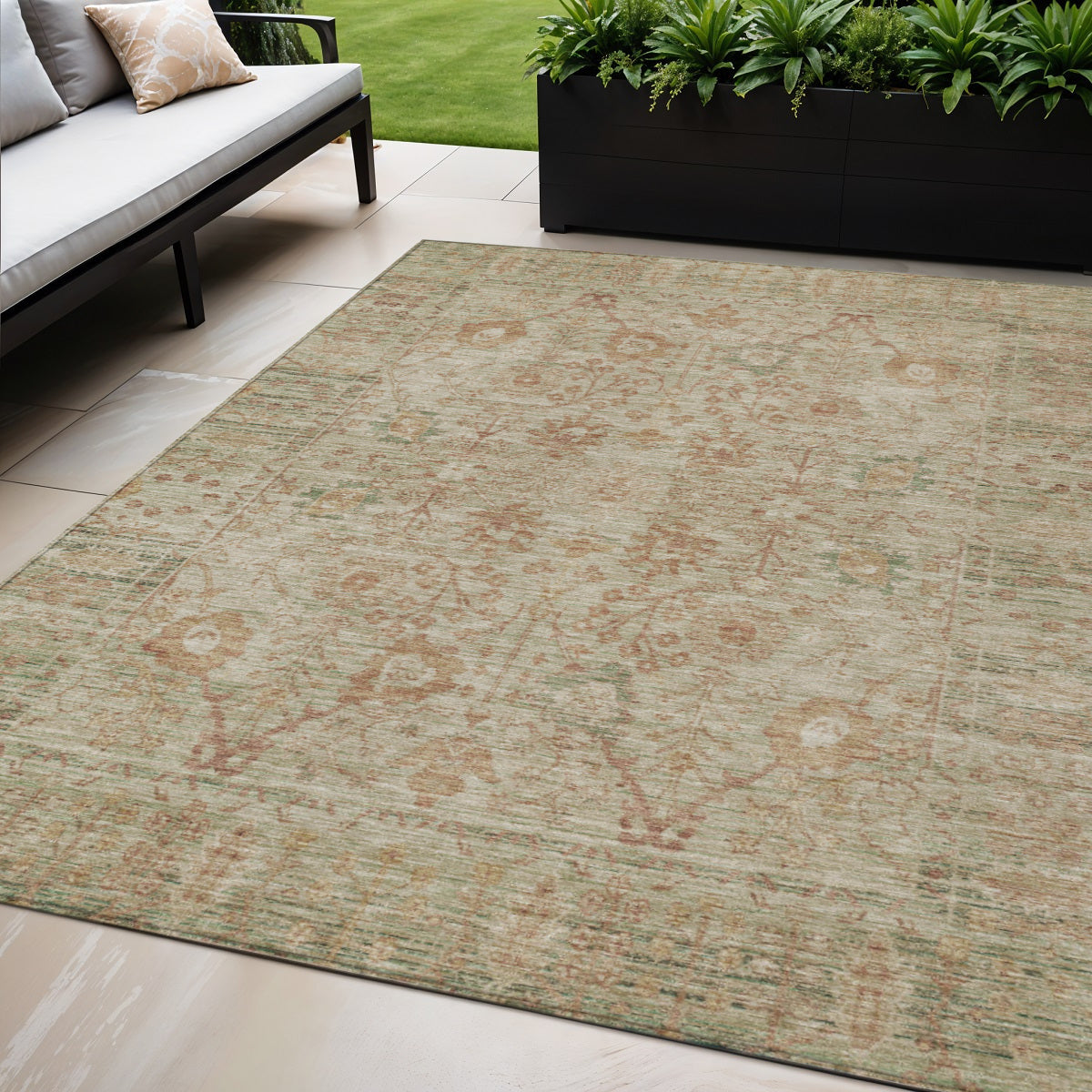 5 X 8 Beige Brown And Green Oriental Washable Indoor Outdoor Area Rug