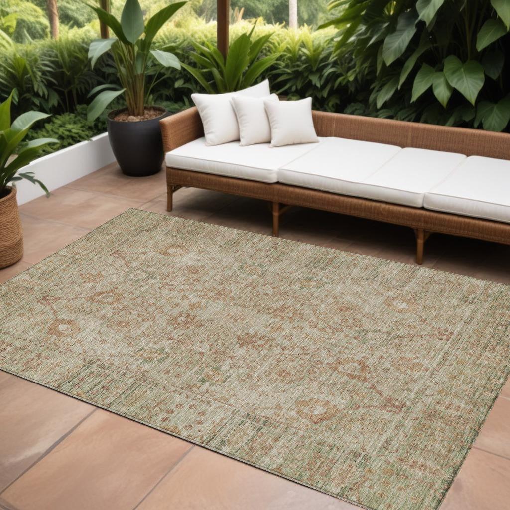 10 X 14 Beige Brown And Green Oriental Washable Indoor Outdoor Area Rug