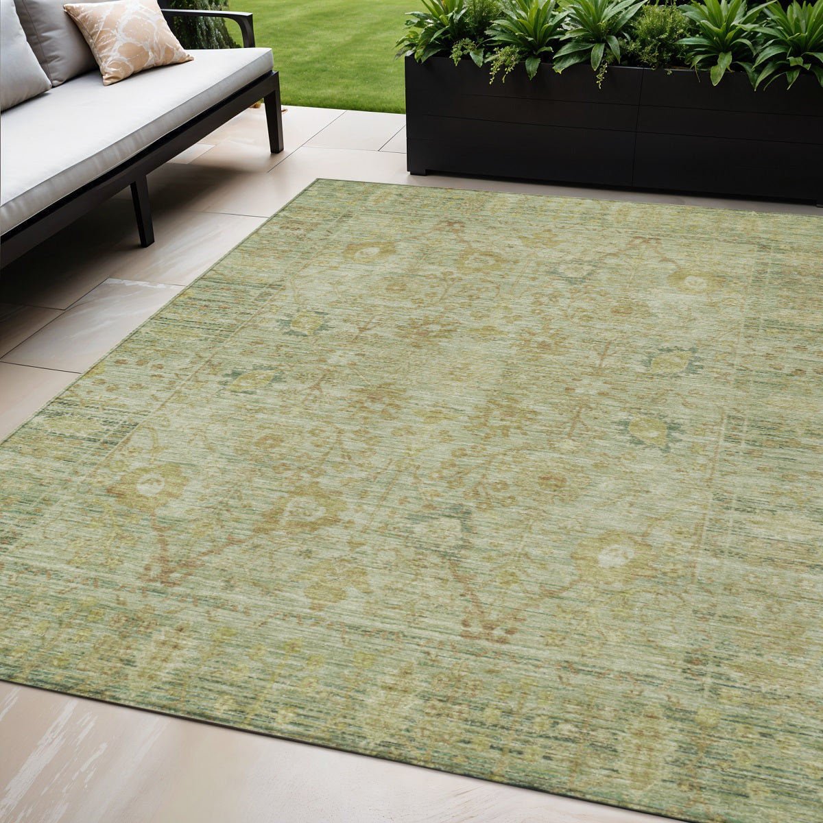 5 X 8 Sage Green And Brown Oriental Washable Indoor Outdoor Area Rug