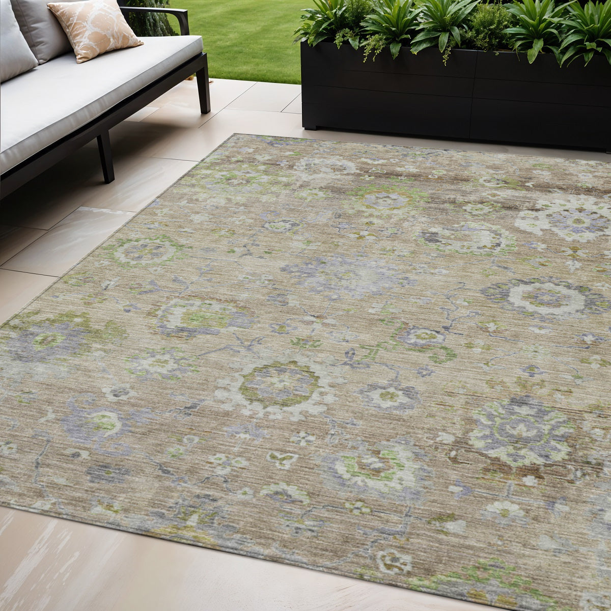 5 X 8 Beige Gray And Green Floral Washable Indoor Outdoor Area Rug