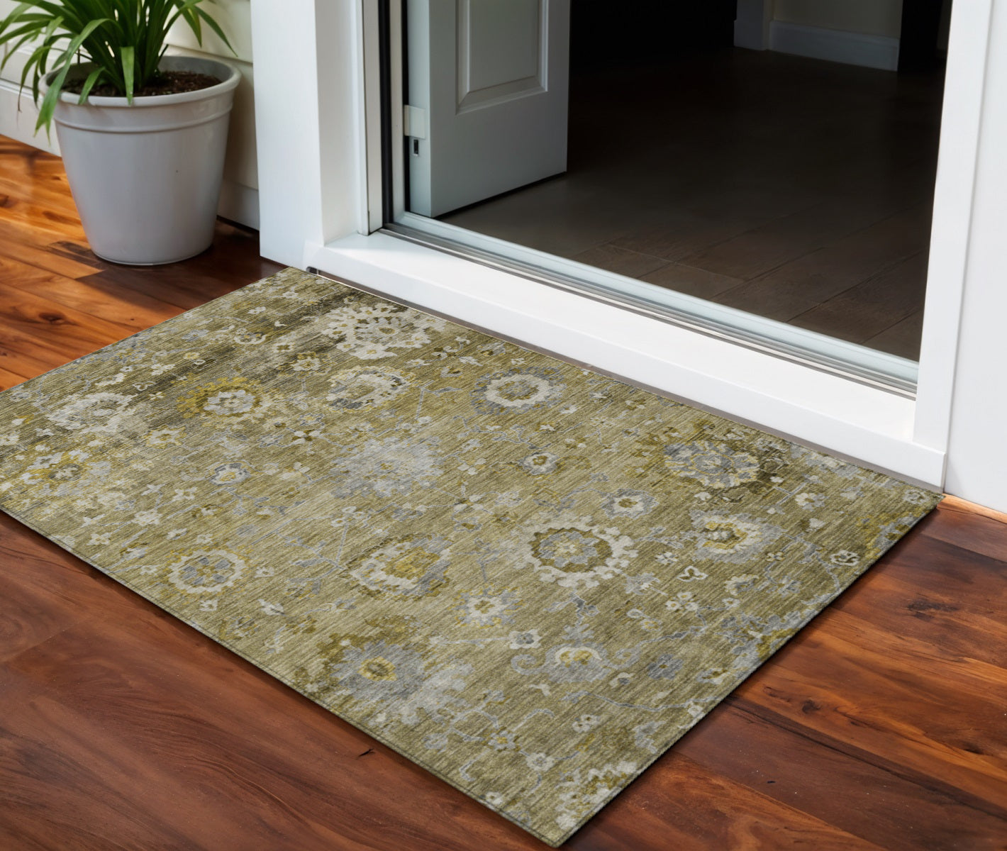 3 X 5 Brown Green And Gray Floral Washable Indoor Outdoor Area Rug