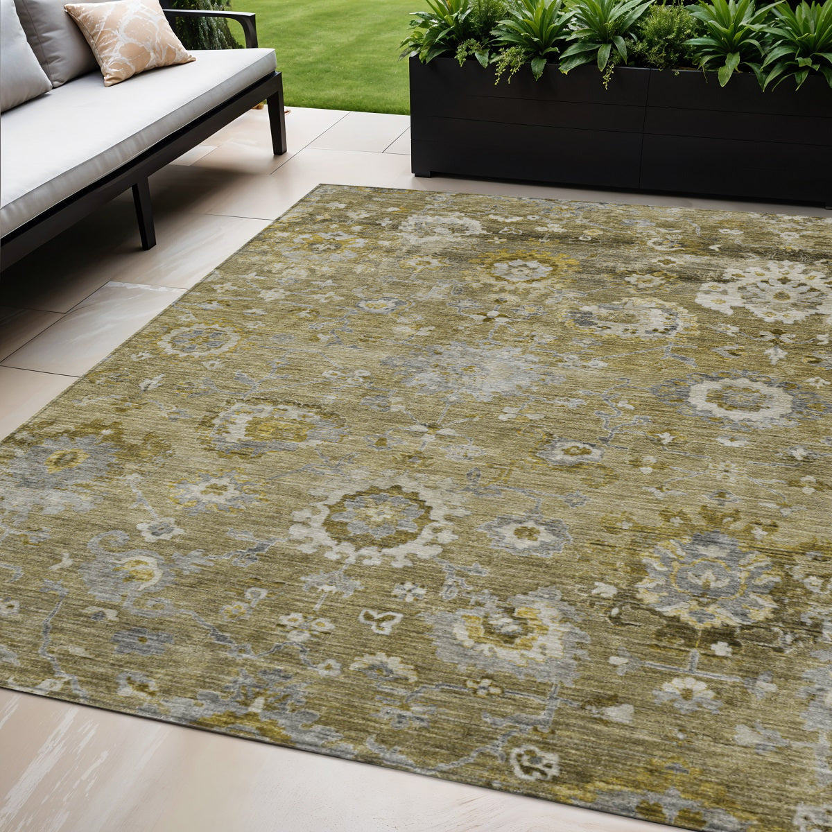 5 X 8 Brown Green And Gray Floral Washable Indoor Outdoor Area Rug