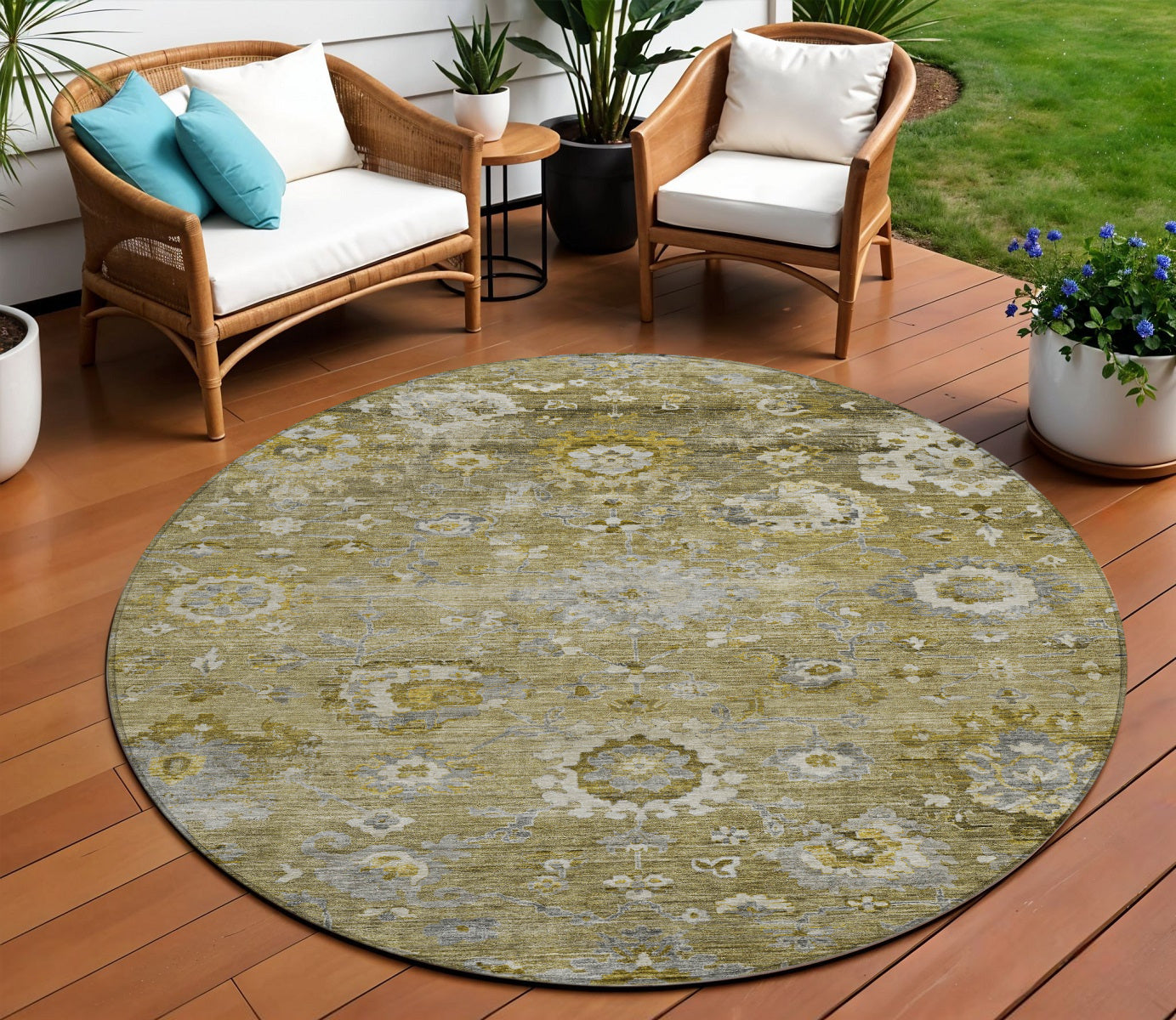 8 Brown Green And Gray Round Floral Washable Indoor Outdoor Area Rug