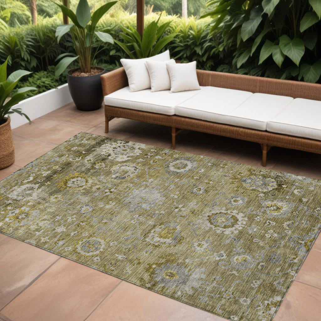 9 X 12 Brown Green And Gray Floral Washable Indoor Outdoor Area Rug