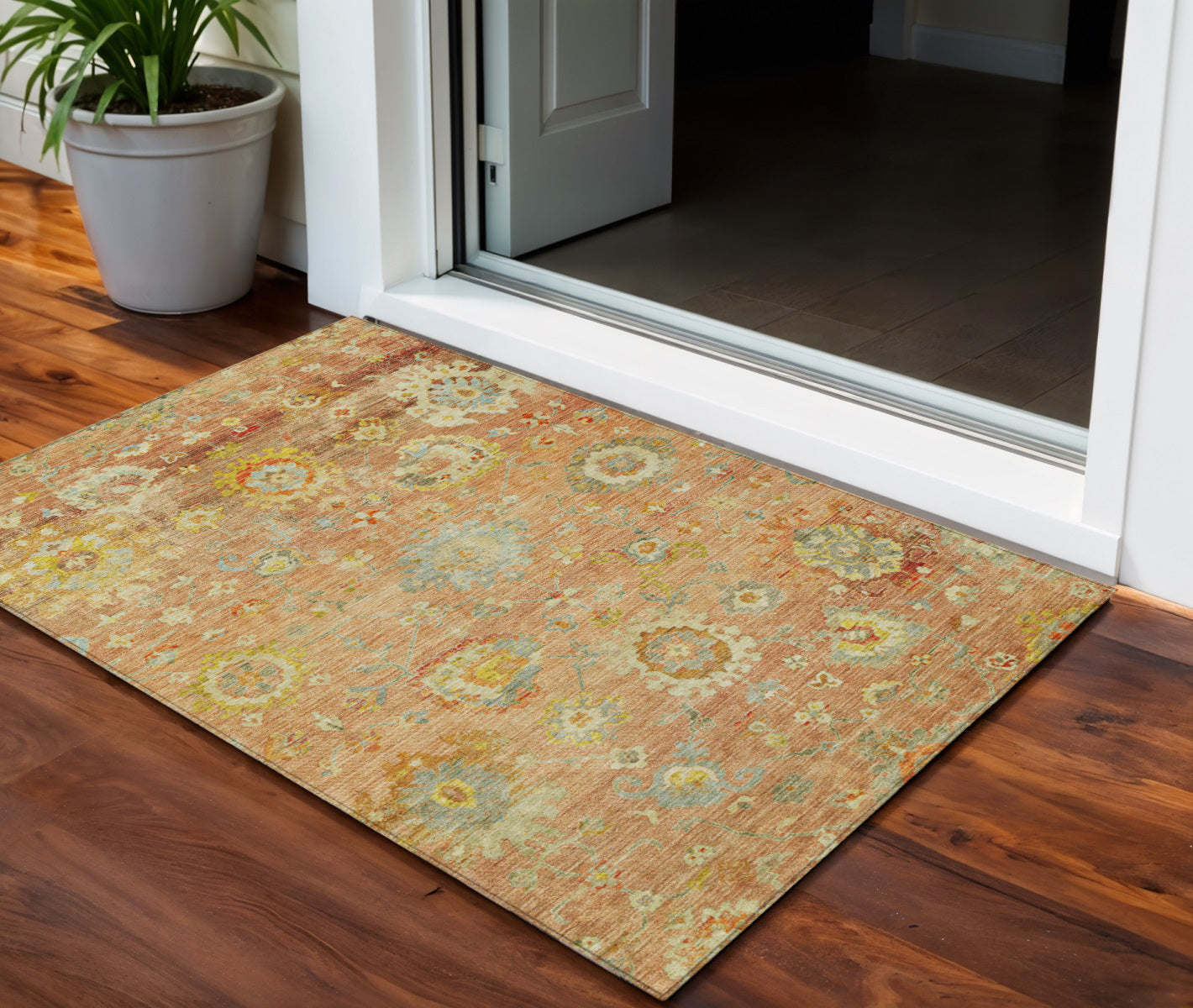 3 X 5 Coral Blue And Green Floral Washable Indoor Outdoor Area Rug