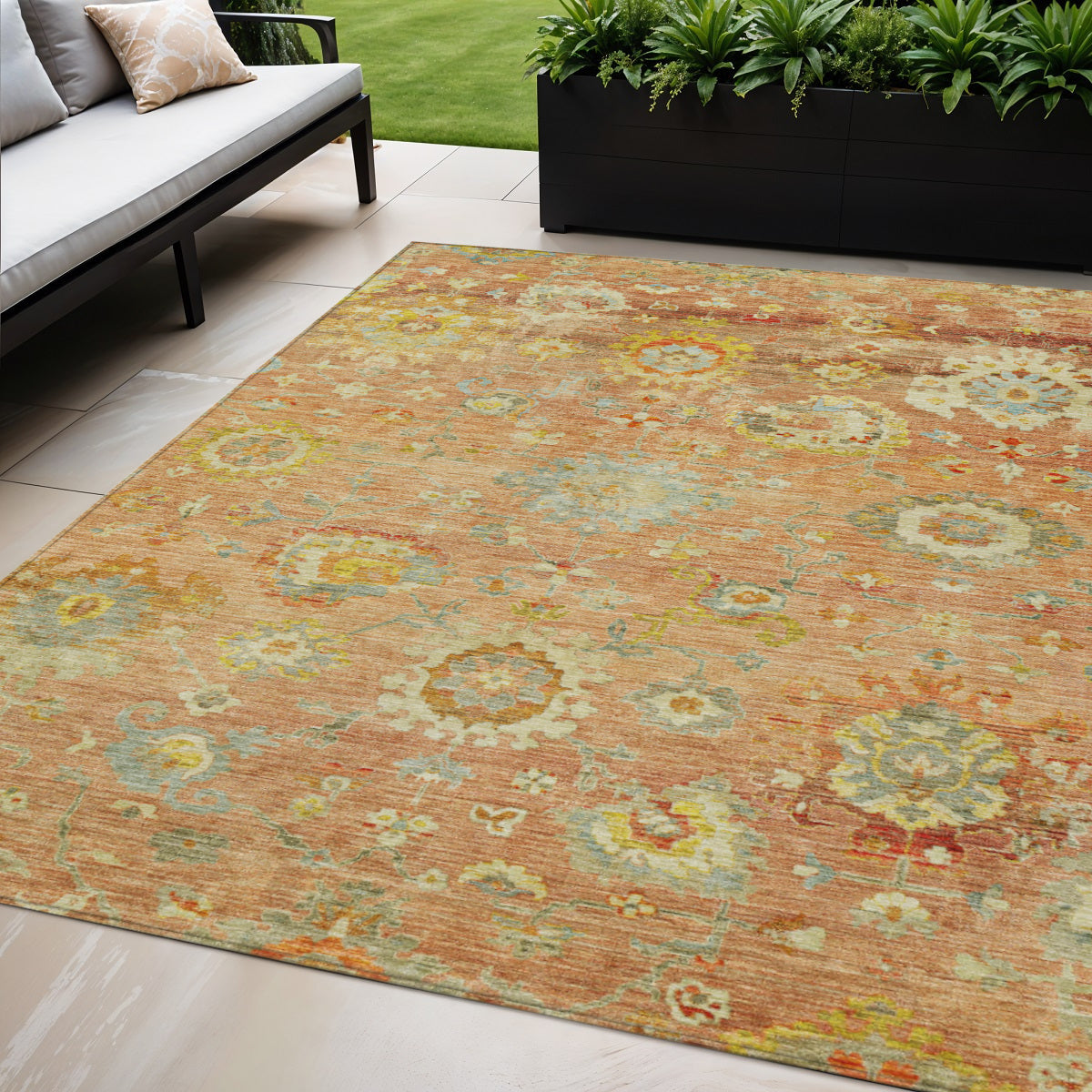 5 X 8 Coral Blue And Green Floral Washable Indoor Outdoor Area Rug