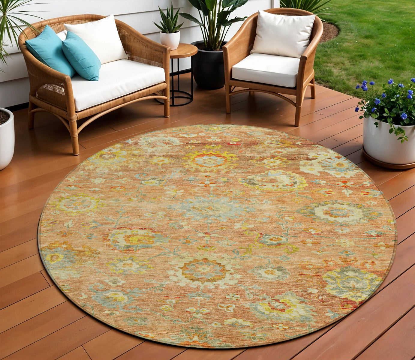 8 Coral Blue And Green Round Floral Washable Indoor Outdoor Area Rug