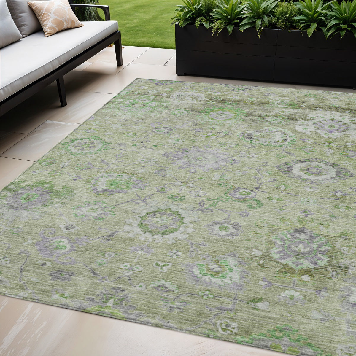 5 X 8 Mint Green And Gray Floral Washable Indoor Outdoor Area Rug